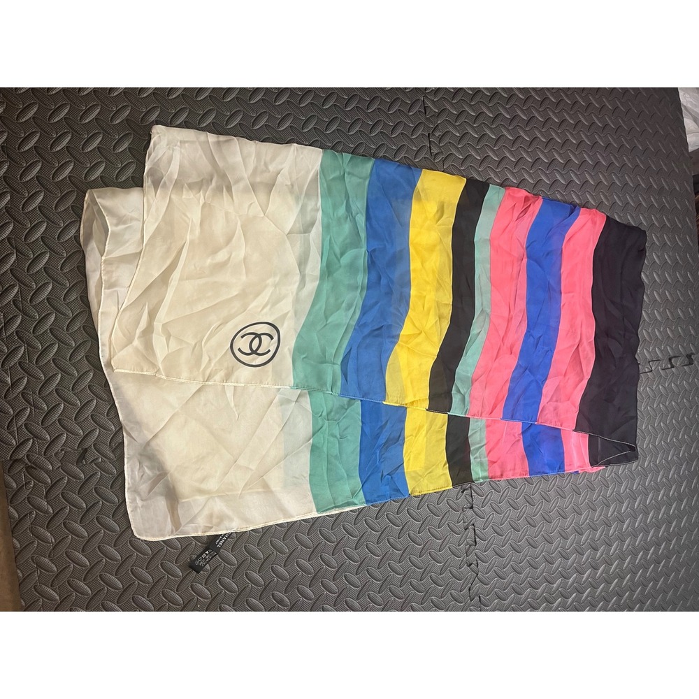 Chanel Silk Scarf Womens OS Multicolor Striped CC Logo Square Made in Italy‎ - Picture 9 of 10